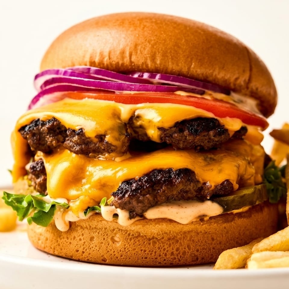 Double cheeseburger with red onion, tomato, lettuce, pickles, and special sauce, served with fries.