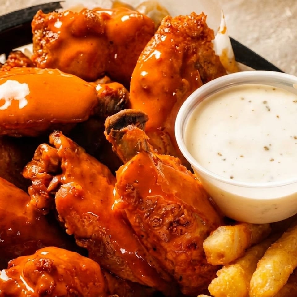A basket of buffalo chicken wings, french fries, and a side of ranch dressing.